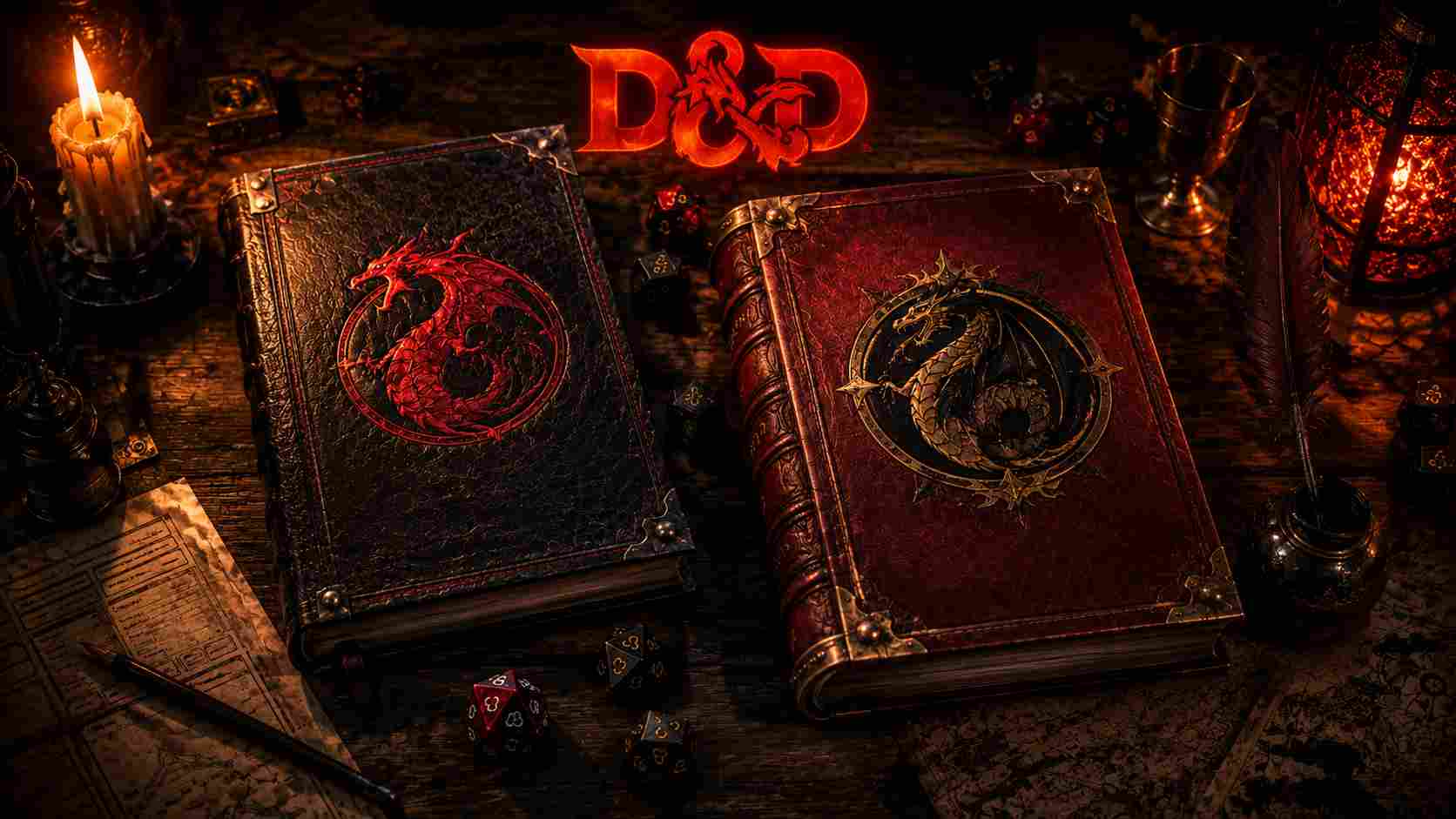 Comparação D&D 5e e 5.5: livros do jogador lado a lado, ficha de personagem e dados sobre mesa de mestre