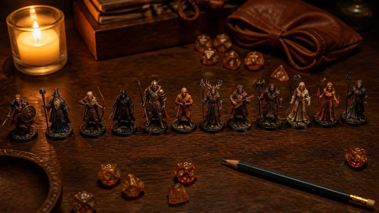 Doze miniaturas pintadas de heróis de fantasia enfileiradas sobre a mesa de RPG, com dados e vela