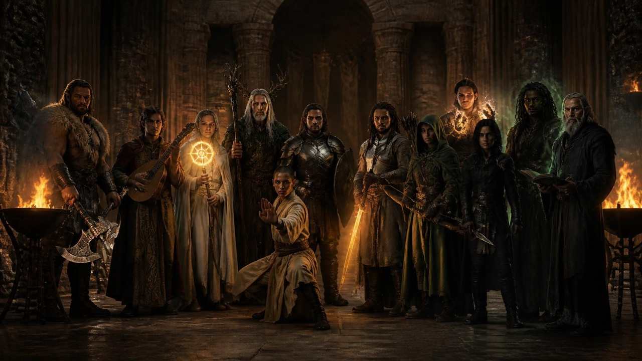 Grupo de aventureiros das doze classes de D&D reunidos num salão de pedra iluminado por tochas