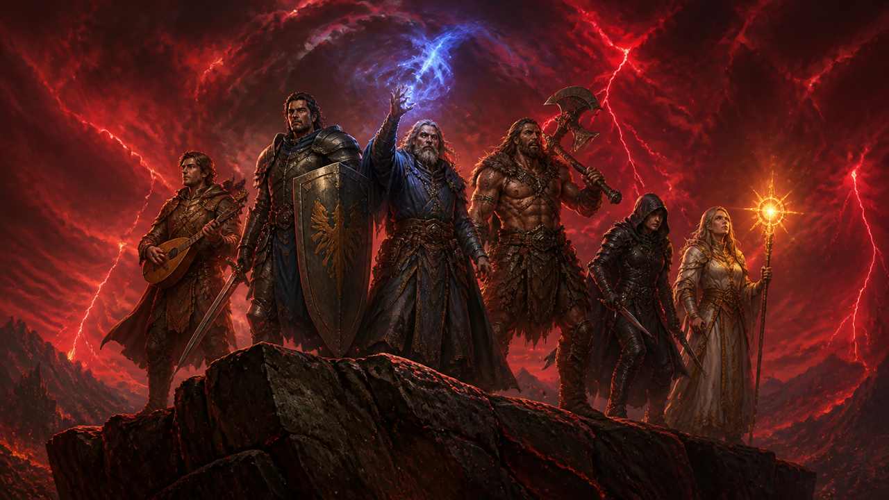 Grupo de aventureiros de fantasia diante de uma tempestade vermelha: bardo, cavaleiro, arcanista, bárbaro, ladina e clériga