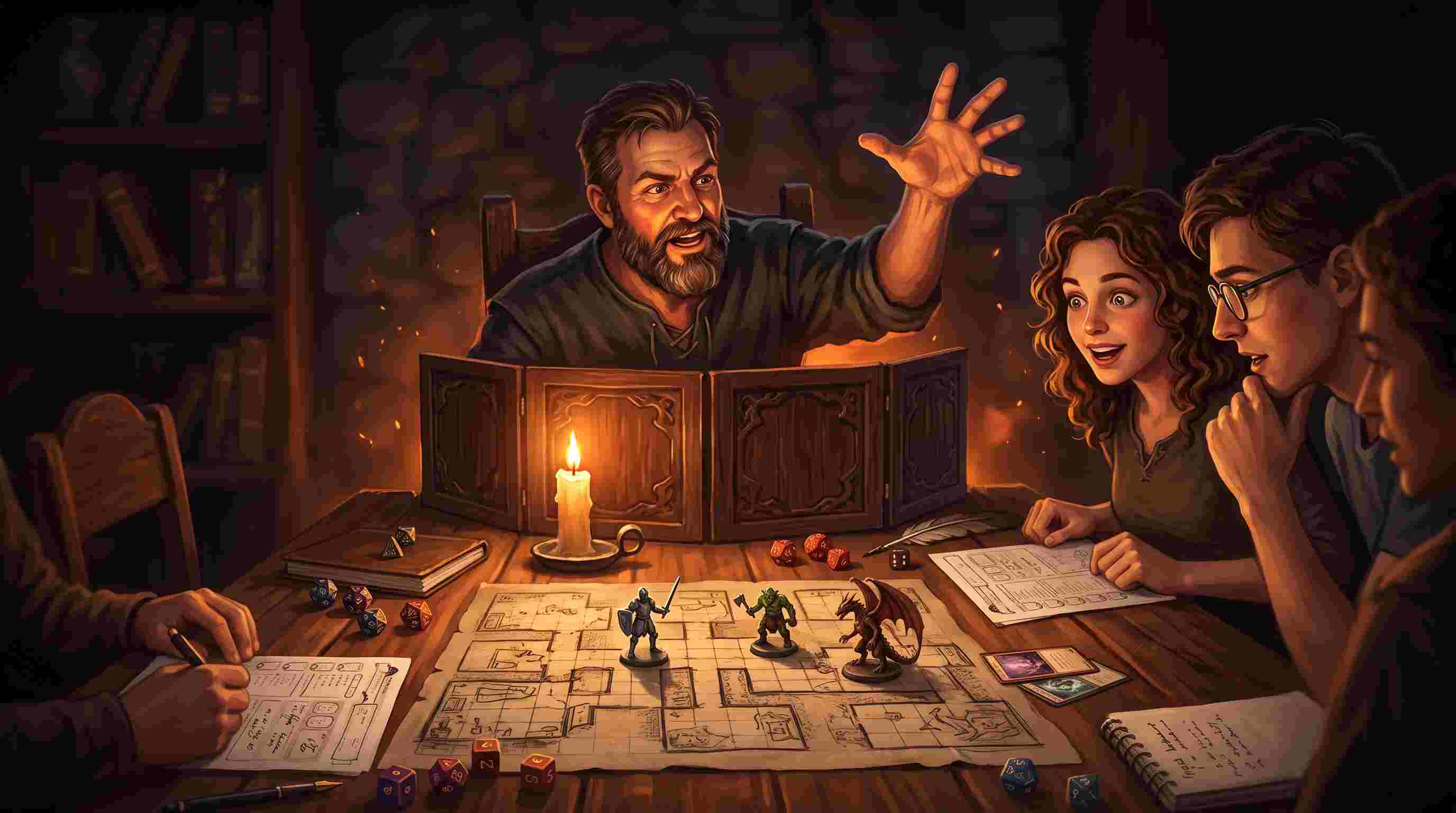 Mestre de RPG narrando um combate para os jogadores em volta da mesa, com dados e miniaturas