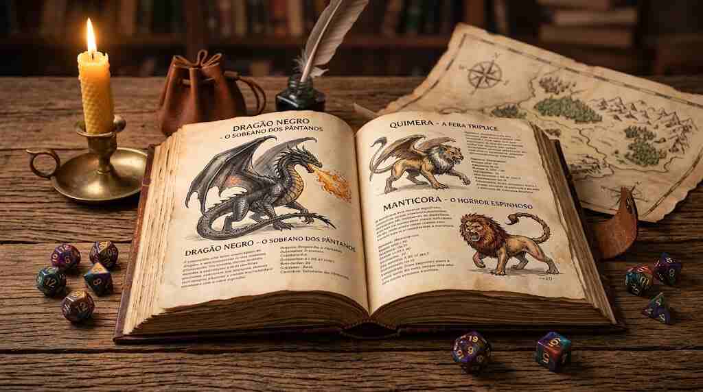 Bestiário aberto com ilustrações de criaturas de RPG sobre a mesa do mestre