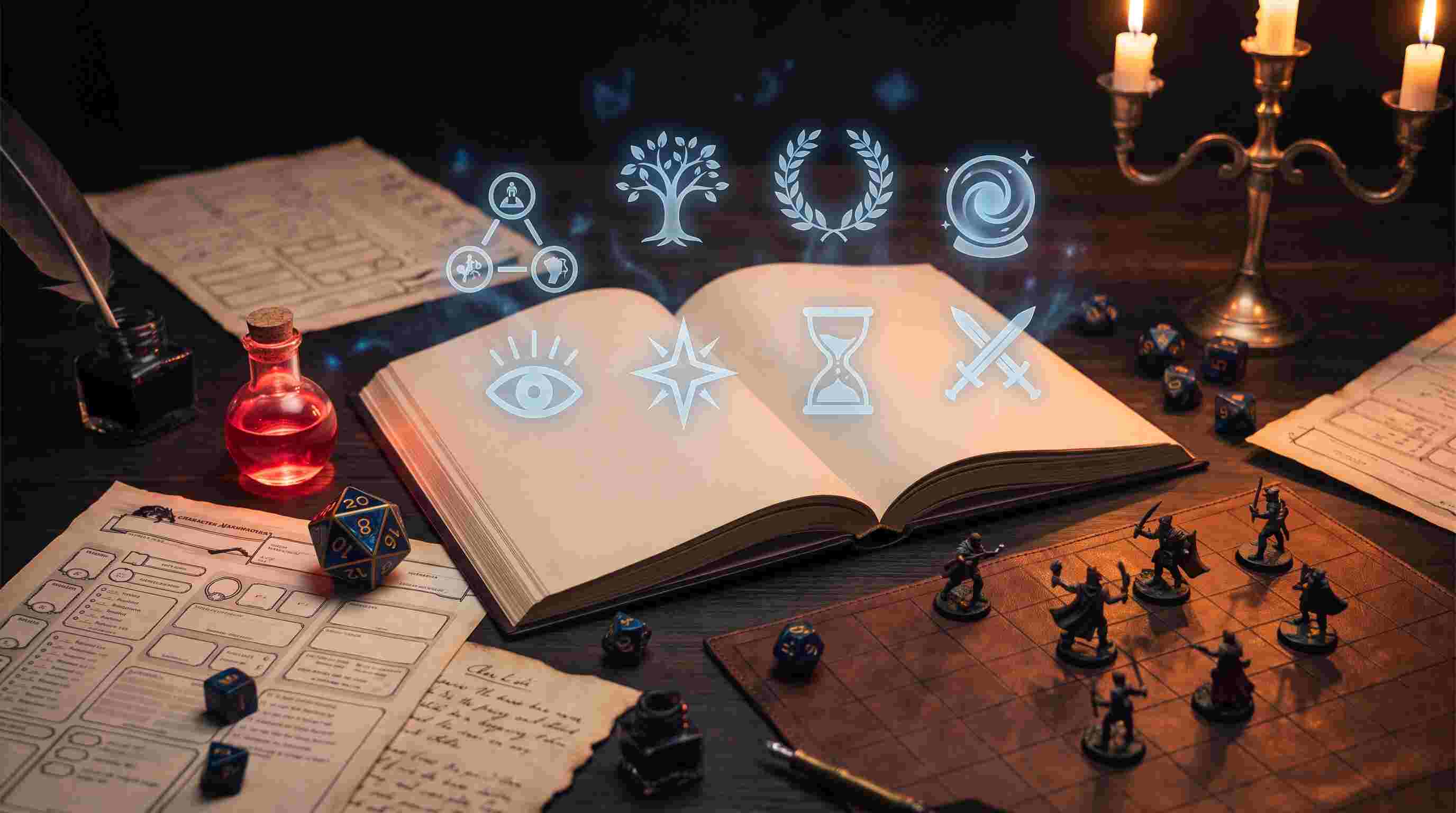 Livro do Jogador de D&D 5.5e aberto sobre mesa com dados, ficha de personagem e poção em miniatura