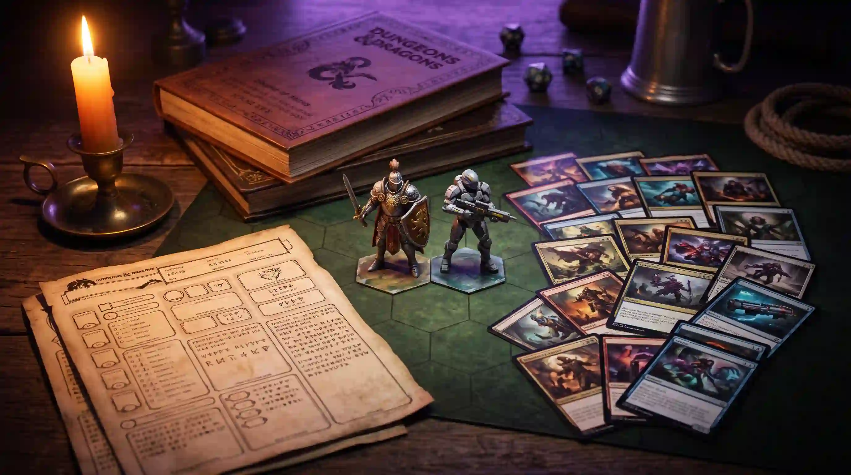 Mesa de RPG com livros de D&D, cartas de Magic the Gathering e elementos de Warcraft simbolizando os crossovers do Universes Beyond