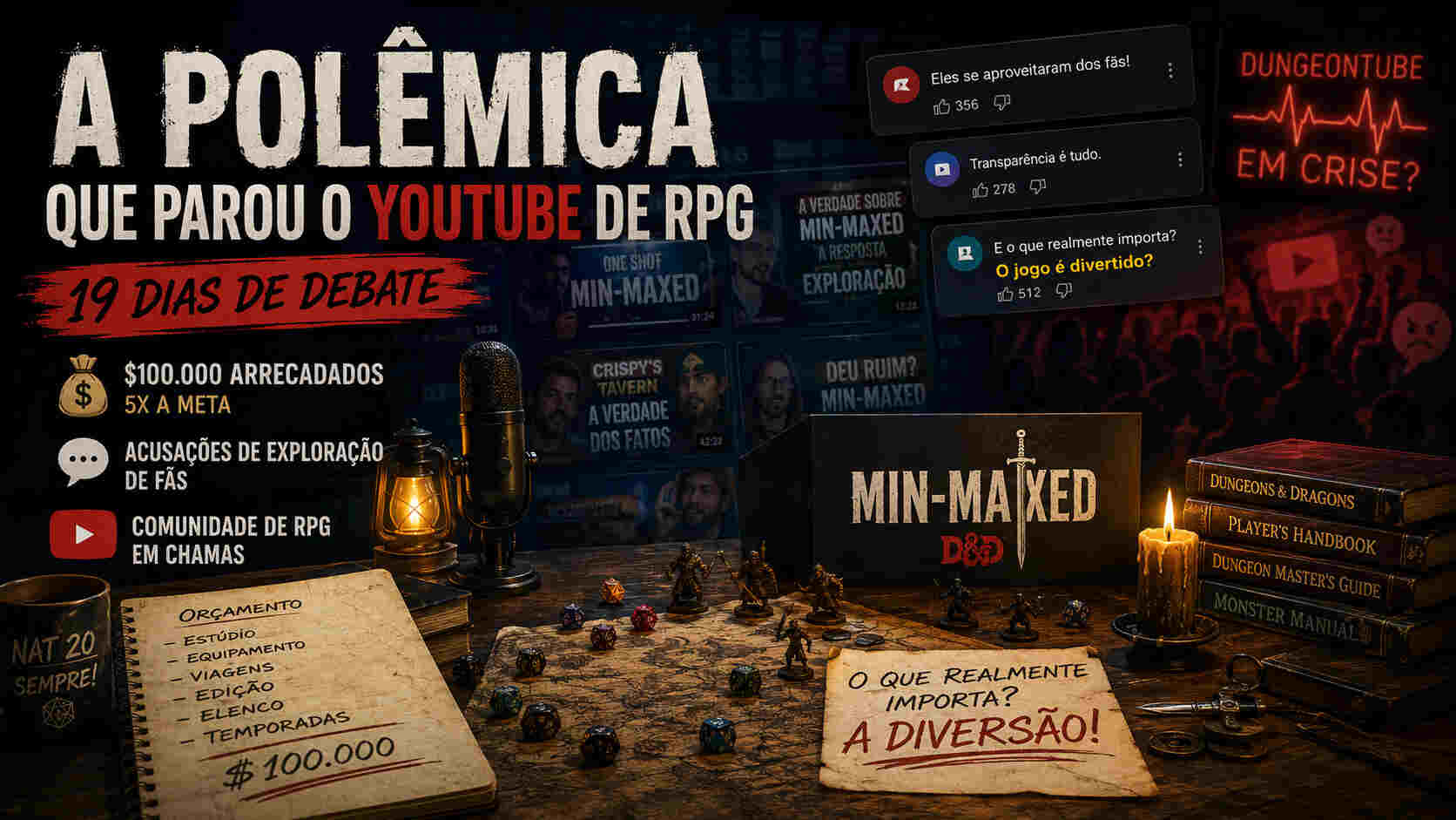 Mesa de RPG de mesa com dados, fichas e miniaturas representando a comunidade de D&D