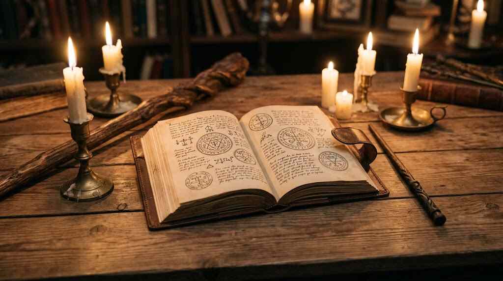 Grimório aberto com varinha e cajado sobre a mesa à luz de velas