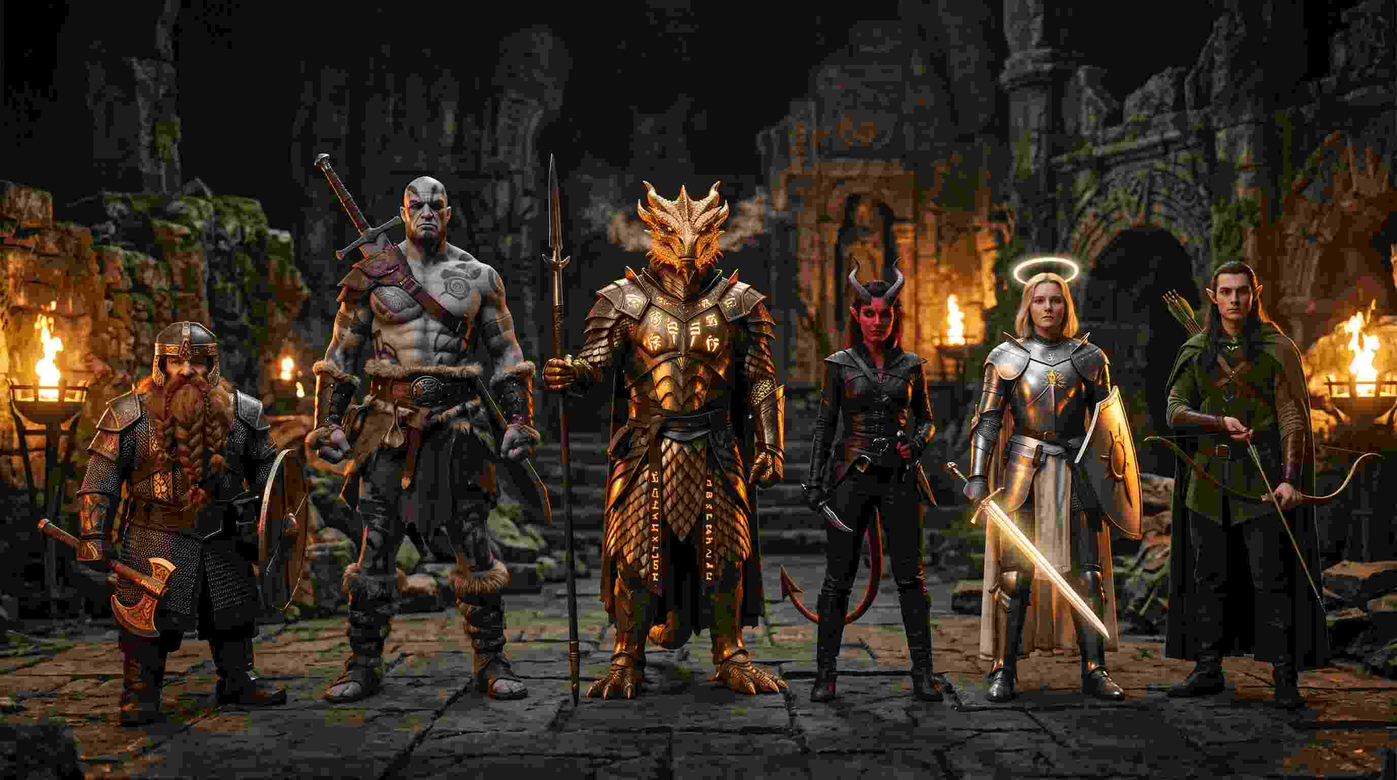 As dez espécies jogáveis do Livro do Jogador de D&D 2024 reunidas: anão, elfo, draconato, goliath, tiefling e aasimar