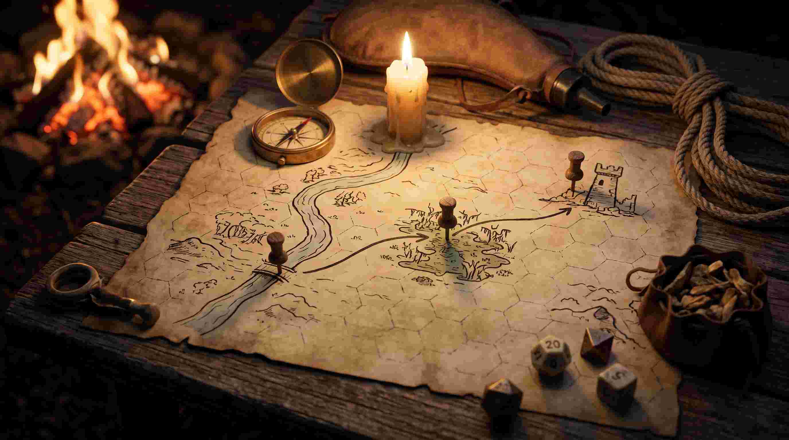 Mapa de hexágonos com a rota da jornada em três etapas, bússola e vela sobre a mesa