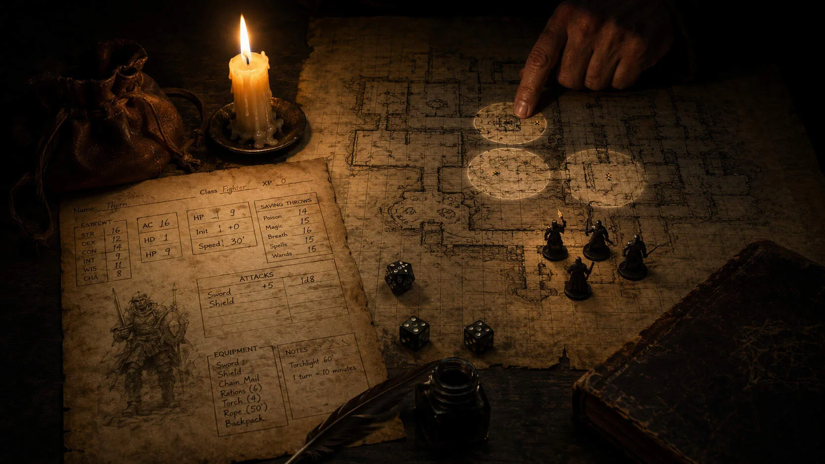 Mesa de jogo Shadowdark RPG mostrando mecânicas de tocha e exploração