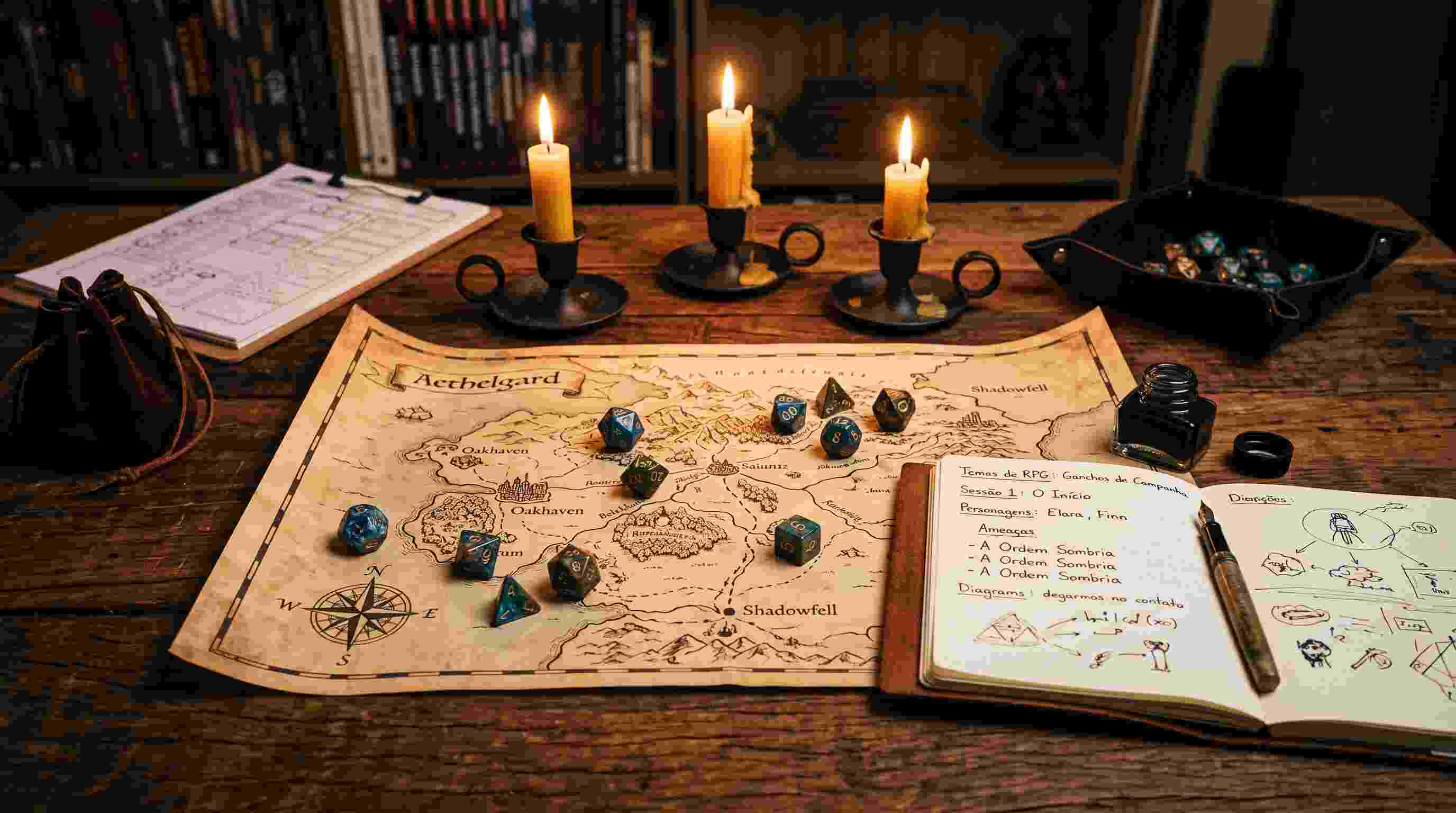 Mesa de RPG com mapa, dados e anotações de campanha à luz de velas