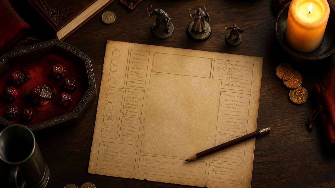 Ficha de personagem em pergaminho sobre a mesa, com dados vermelhos, miniaturas, moedas e uma vela