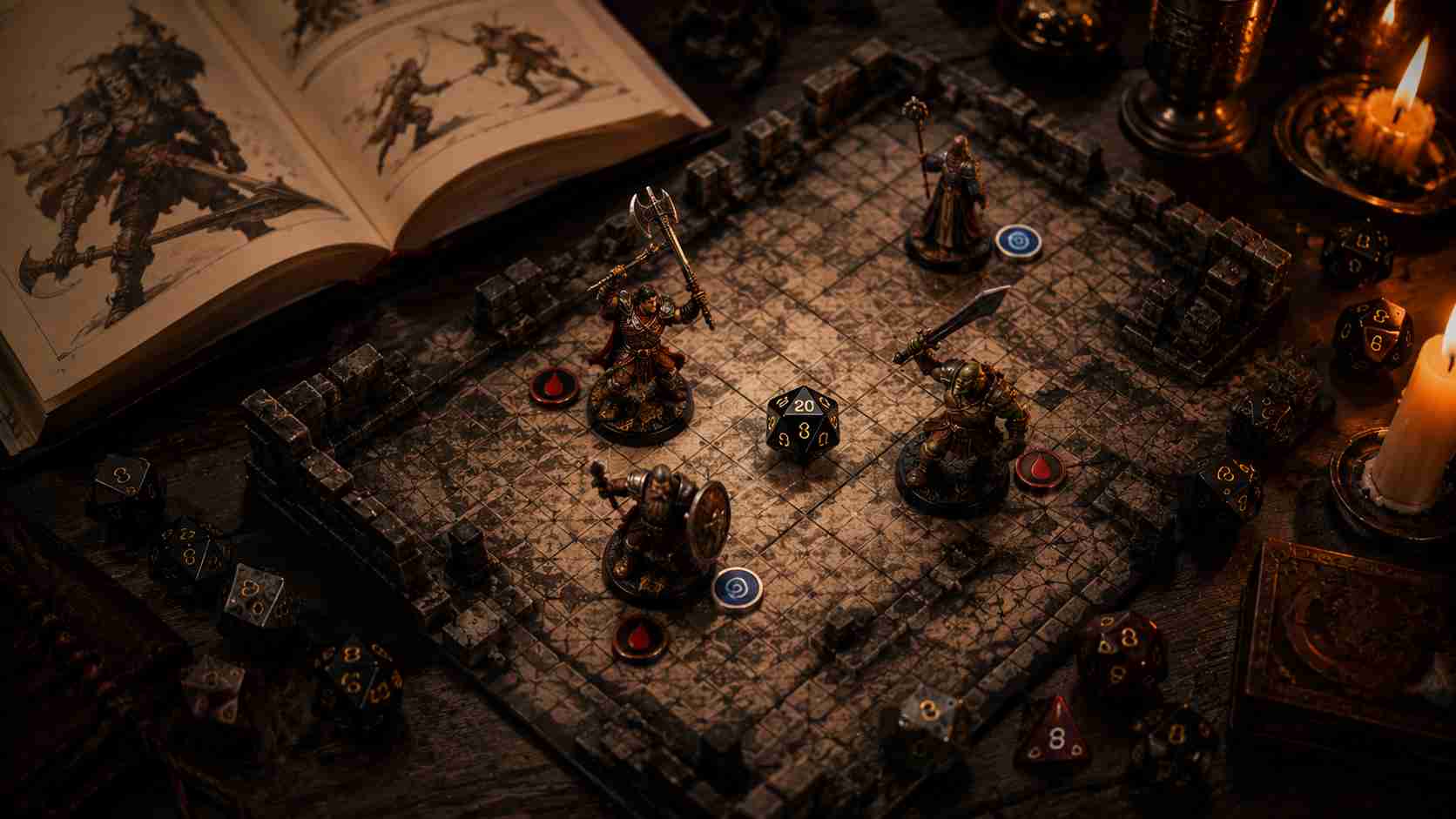 Mesa de RPG com dados, fichas e arma comparando maestria em armas entre D&D 5e e 5.5