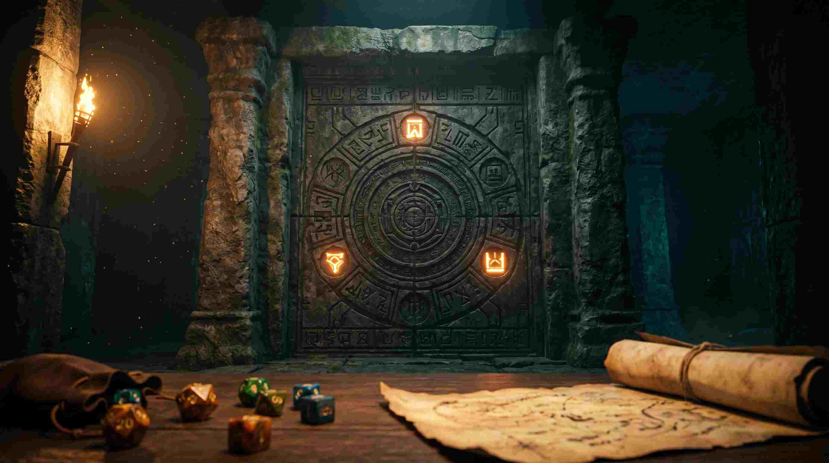 Porta de pedra antiga com símbolos entalhados e runas acesas, mesa de RPG com dados e mapa em primeiro plano