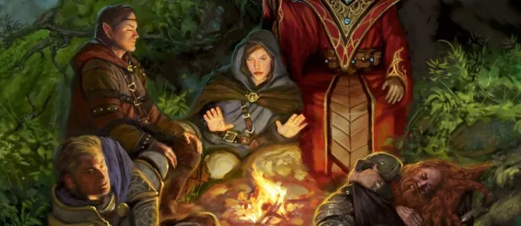 Acampamento de RPG — grupo de aventureiros descansando ao redor da fogueira em uma floresta densa