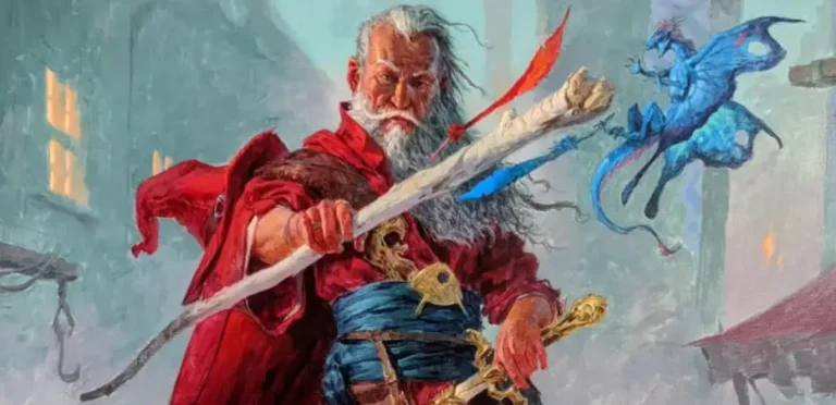 Elminster — o mago lendário de Forgotten Realms, vestes vermelhas, cajado em punho e um dragãozinho azul orbitando