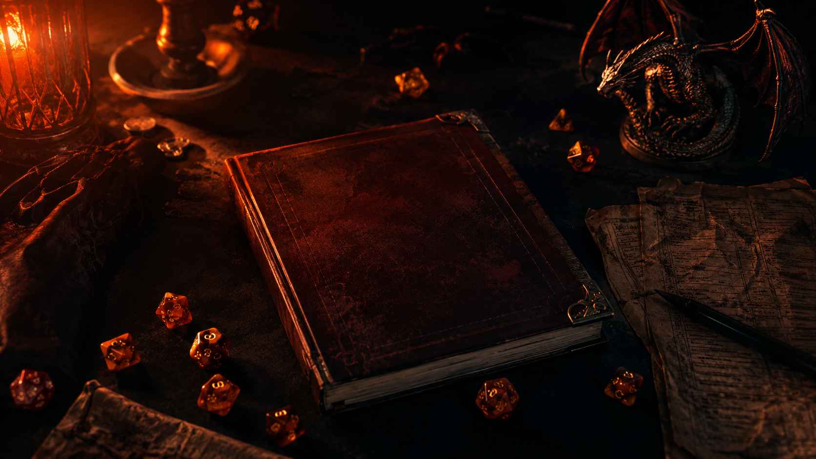 Livro de Dungeons & Dragons fechado sobre mesa escura com dados âmbar espalhados e miniatura de dragão envelhecido ao lado