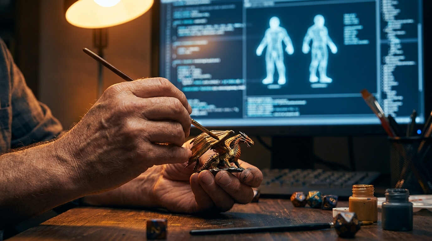 Mãos pintando miniatura de dragão à luz quente em primeiro plano, com monitor azulado exibindo código ao fundo desfocado