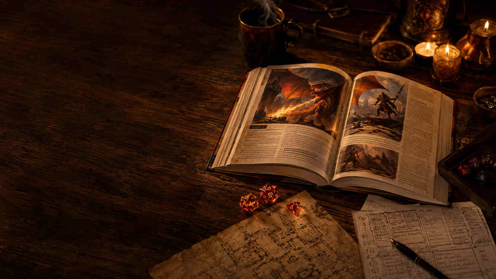 Mesa de mestre de D&D iniciante com livro, dados e fichas em luz quente